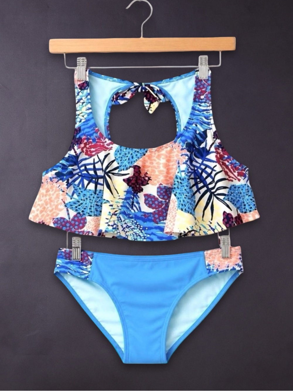 Girls Tropical Ruffle Bikini Swimsuit Set Medium 7/8 Blue Floral Palm Print